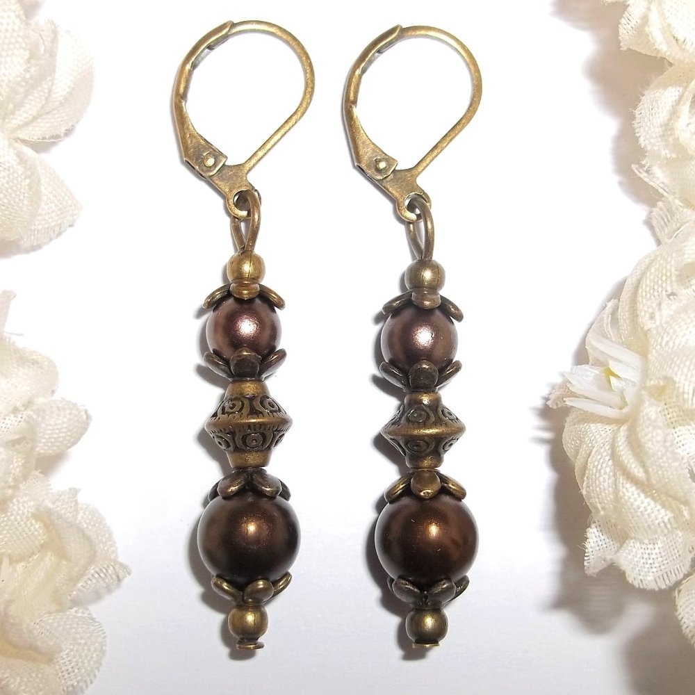 Brown Earrings, Brown Earring Set, Brown Pearl Earrings, Boho Earrings, NWT D912